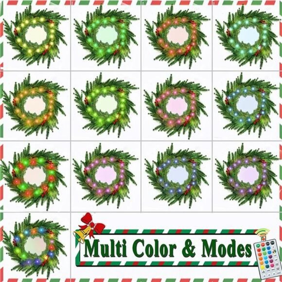 18 Colors Christmas Wreath, 13.4In Color Changing Winter Front Door Wreath - Picture 2 of 6